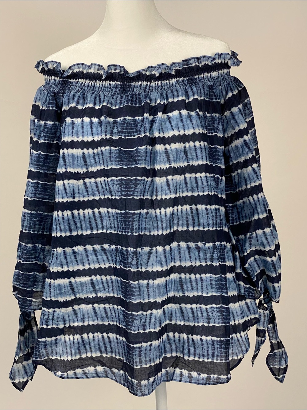 Womens Navy Blue Tie-Dye Pattern Off-Shoulder Blouse